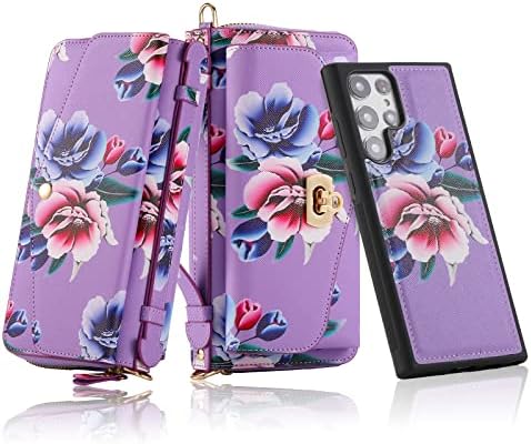 Чанта-портфейл KOEOK Samsung Galaxy S22 Ultra 5G с каишка на китката, на каишка през рамо, Отделяемым Кожен