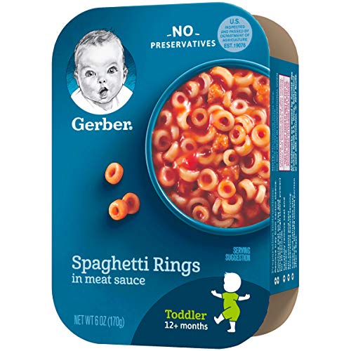 Различни плодове Gerber под формата на чувалчета за деца (опаковка от 18 броя) и пръстени за спагети в месо сос, 6 унции