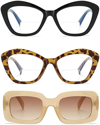 Дамски Бифокални Очила за четене LKEYE, Дизайнерски рамки Котешко око Оверсайз, 2 опаковки 2,00 + Бежово Правоъгълни