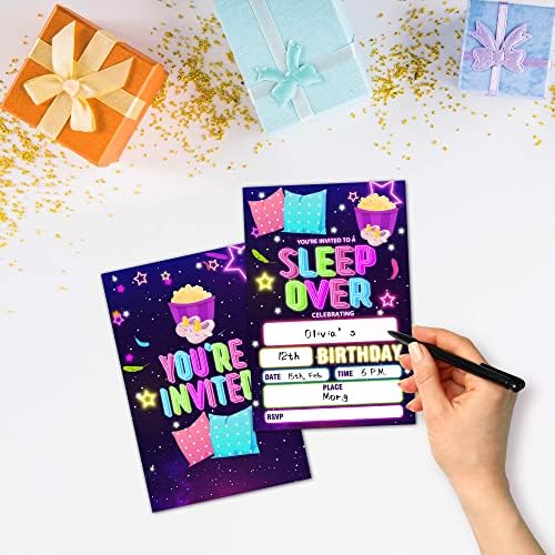 Покани Картички NYCTUG Sleep Over На парти в чест на рождения ден, Неонови Двустранни покани на парти за тийнейджъри,
