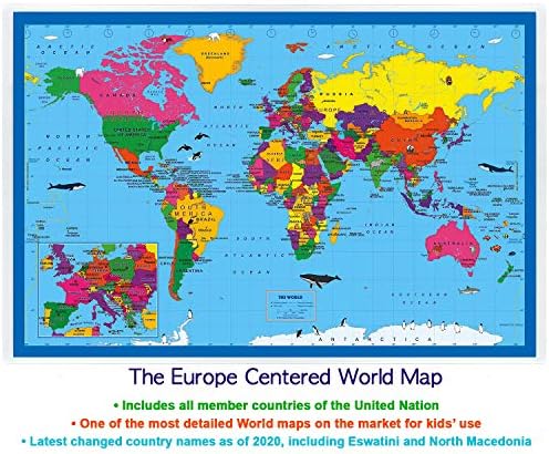Детска двустранен карта NewSpaceView 17,5x11,5 инча (една настолна карта: САЩ / карта на света в центъра на САЩ)