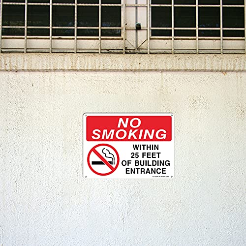 Табела Пушенето е забранено в радиус от 25 метра от входа на сградата - 2 опаковки - 10 х 7 инча, Без ръжда от алуминий