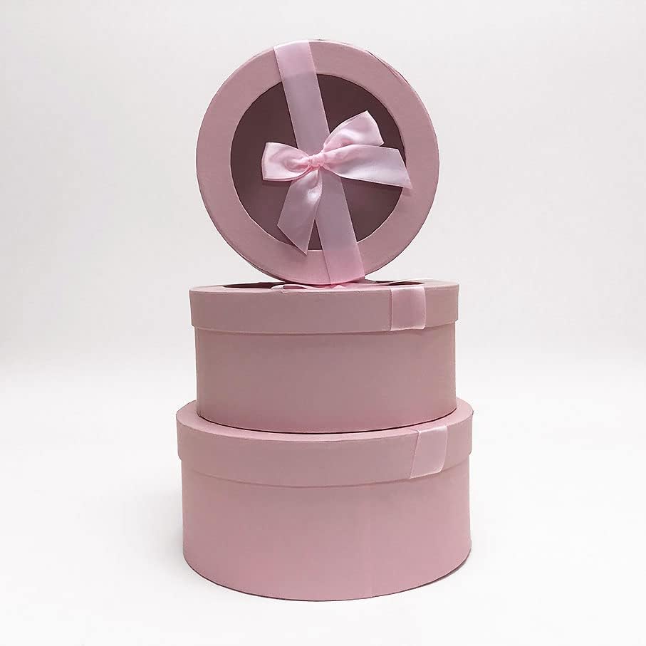 Подарък кутия CalCastle Занаятите розов цвят в кръгла цилиндрична опаковка с прозрачен капак и каишка от копринена розова лента (голяма)