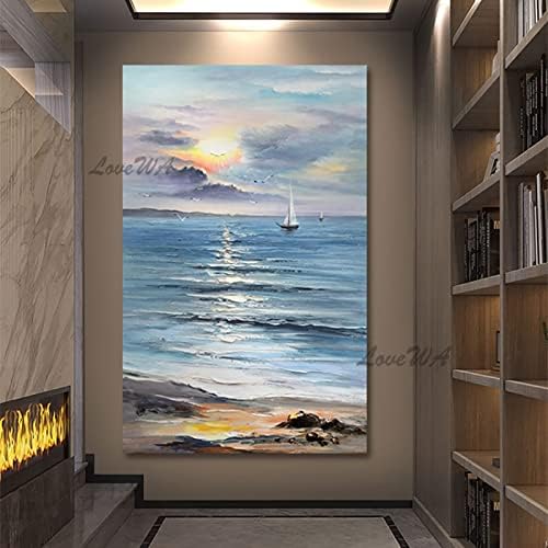 Ръчно Рисувани с маслени Бои Върху Платно Изгрева на Слънцето Синия Океан Платноходка Природа Пейзаж Изкуство