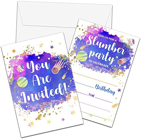 Покани за рожден Ден Galaxy Slumber в пликове - Безплатни билети на парти по повод деня на раждането, за момичета / момчета - Карти с покани за пижамной парти - Честване на па