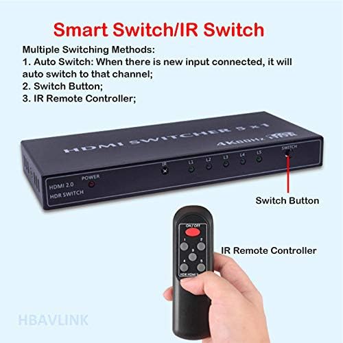 Кутия за превключване на HDMI 5 в 1 Изход-HBAVLINK 5-портов HDMI-ключ с дистанционно включване на видео Хъб за телевизор,
