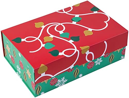 ОПАКОВКА: 1 бр. Коледен Подарък кутия с капак - 14x9x4,3 инча, Подарък Кутия с червени и Зелени Коледни Декорации, Сгъваема Подарък кутия с магнитна закопчалка и 2 бр. от ц?
