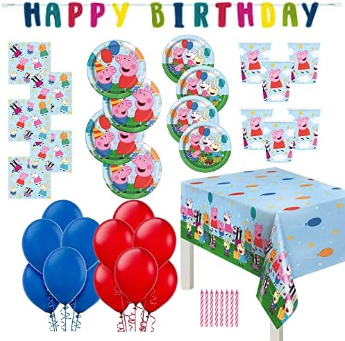 Бебешки комплект, подходящ за парти в чест на рождения Ден на Свинче Пеппы на 16 лица: Банер честит рожден Ден, Трапезария Чинии, Салфетки, Десертни чинии, Чаши, Капак