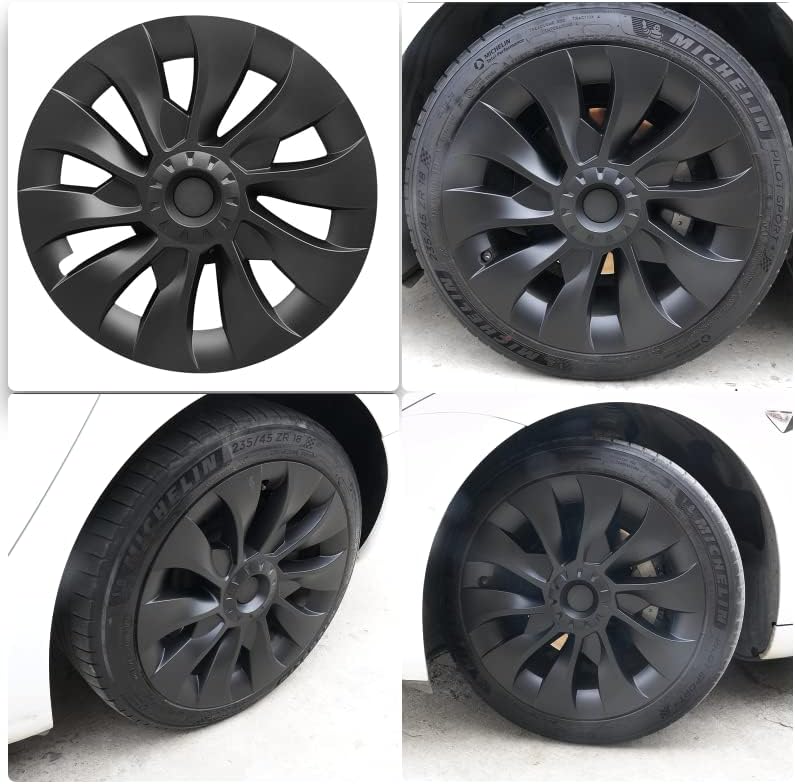 Ainio Матово Черни Тасове за колелата на Tesla, модел 3, 18 инча (комплект от 4), Симетричен Дизайн, Подмяна на капаци на колелата 2018-2023, Аксесоари за модели 3