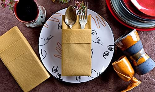 Златни Кърпички за вечеря Тъканни с Вграден джоб за прибори за хранене, Абсорбиращи влагата Еднократна употреба Хартиени Кърпи за ръце на допир от лен за кухня, Бан
