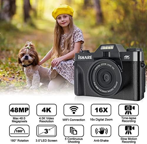 Цифров фотоапарат 4K фотография, 48-Мегапикселова камера за видеоблогинга FHD с Wi-Fi 16-кратно цифрово увеличение, 3,0-инчов панти на екрана за YouTube (32 GB, 2 батерии)