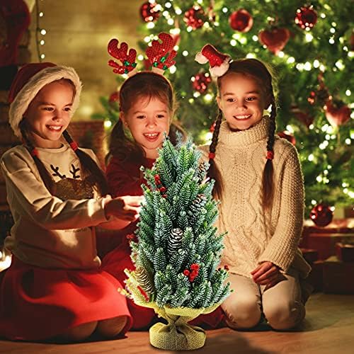 Настолна Коледно Дърво UMARDOO, 16,5-Инчов Флокированная Мини Коледно Дърво със Сняг, Плодове Падуба, Малка Настолна Коледно