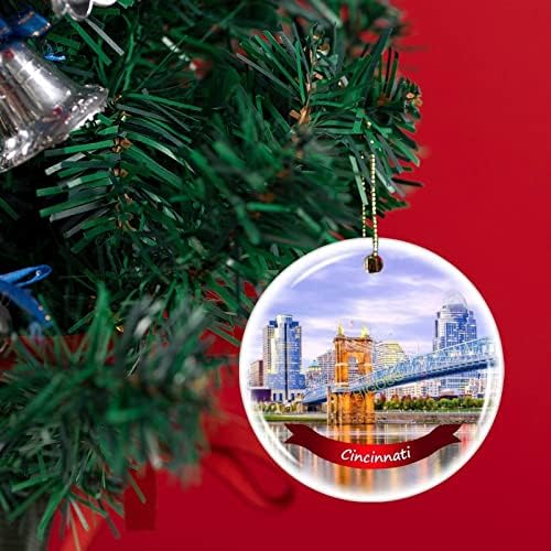 Коледен Орнамент на Дървото Синсинати, Порцелан Двустранен Керамични Украшение, 3 инча
