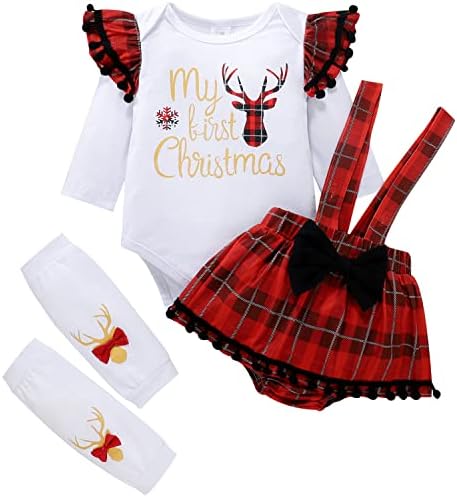 FANCYINN/Коледни дрехи за Малките Момичета, Най-Туника с Принтом Дядо Коледа и Рюшами, Бели Панталони с Превръзка на главата,