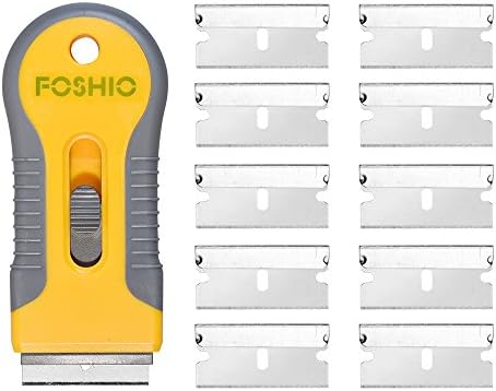 FOSHIO Разтегателен Жълта Пластмасова Стъргалка, за да се Бритвенных Остриета с 10 бр. Допълнителни Ножове от Въглеродна Стомана за Отстраняване на Стъклена подложка,