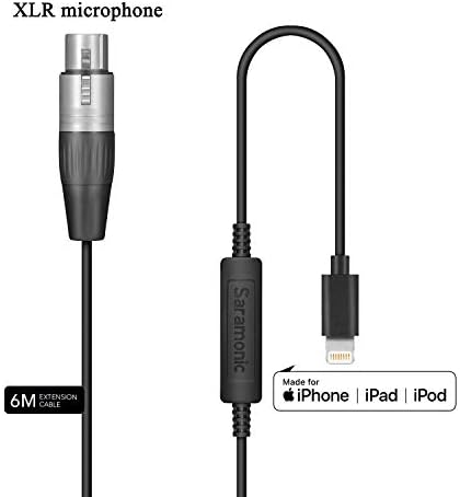 Кабел XLR-Светкавица дължина 19,7 фута /6 м, 3-пинов конектор за микрофон Saramonic LC-XLR XLR (женски) към конектора Lightning, Адаптер за микрофон, Съвместим с iPhone 13 12 11, iPhone X