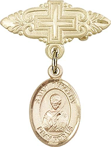 Детски икона Jewels Мания за талисман на Свети Тимотей и игла за бейджа с Кръст | Детски икона от 14-каратово злато с талисман