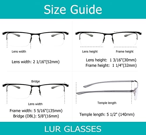 LUR 3 опаковки очила за четене в полукръгла рамка + 3 опаковки на метални очила за четене в полукръгла рамка (общо