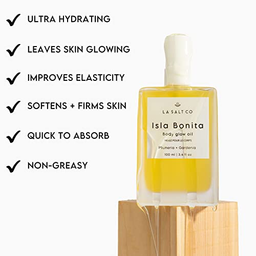 LA SALT CO Isla Bonita Body Glow Oil - Тропическо Цвете масло за тяло - Овлажнява Сухата кожа - Немазна формула, натурална, 12 Растителни масла, включително масло от жожоба и Арганы - 3,