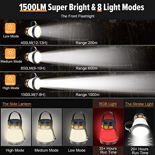 Led Лампа за къмпинг, Акумулаторна батерия Слънчева Светлина за къмпинг капацитет 1500ЛМ, Водоустойчив Фенер за палатка
