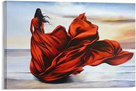 Художествени Плакати на Момичето в Червено в Червено на Залеза Живопис с маслени Бои на една Жена в Червена Рокля на брега