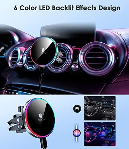 Магнитно Безжично зарядно за кола, табло MOKPR и зарядно за кола Air Ven Fast MagSafe с цветен led, съвместимо с iPhone серия 14/13/12
