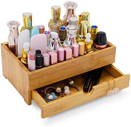 Кутия за съхранение на козметика GOBAM, Органайзер за козметика от Бамбуково дърво, Кутия за демонстрация на козметични продукти, Органайзер за Плотове за Баня, Голям
