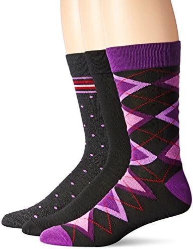 Мъжки чорапи за плетене на X-temp Crew от Hanes Последен от 3 опаковки, Тъмно струя Ericaceae с лилави точки Aurora и черно с лилав блясък Argyle, обувки размер 6-12 САЩ