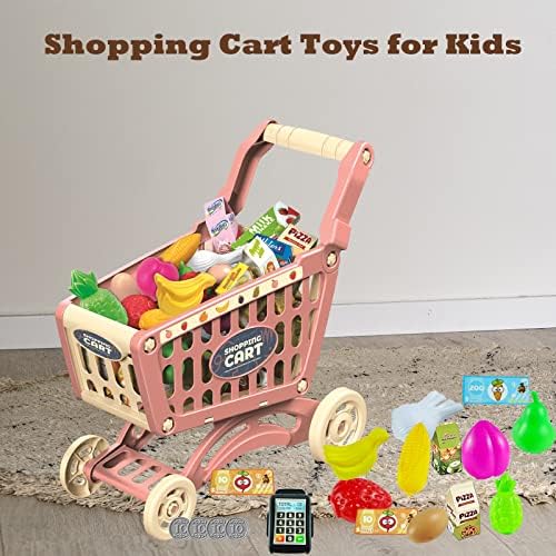 [Новият] Детска количка за пазаруване Yeeyuue, Кошница за пазаруване за деца с 54 предмети аксесоари за магазин и за съхранение, В комплект Играчка за продуктовата колич