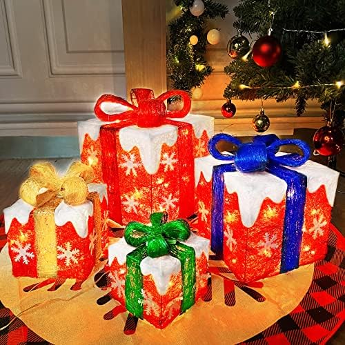 [ Супер Голям 12-10-8-7 ] 4 Опаковане на Подарък Кутии с Осветление, Коледна Украса, 70 Led Вложки, Подарък
