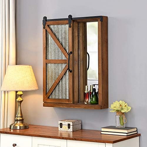 FirsTime & Co. Огледален шкаф с врата на плевнята Winona кафяв цвят, за съхранение с рафтове за баня, кухня и офис,