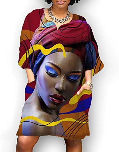 Жена Винтажное Мини рокля, Ежедневното Свободно Африкански къса Рокля с деколте и Джоб на Средния Ръкав, Вечер,
