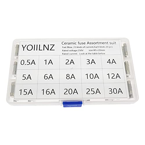 Yoiilnz 300 бр. Керамични предпазители в асортимент, годни за 5x20 mm бързо задействане на 250 vac 0.5 A 1A 2A