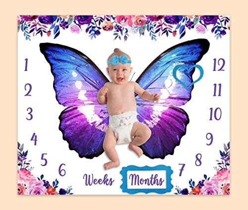 Одеало PHMOJEN Baby Age Milestone, Пролетното Цвете Одеало с разноцветни крила на пеперуда за детска градина, в Диаграма на растежа на детето от 1 до 12 месеца, който включва 4 рам