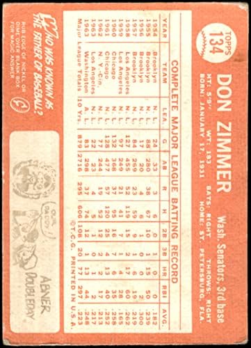 1964 Topps 134 Дон Циммер Вашингтон Сенатърс (Бейзболна картичка) СПРАВЕДЛИВИ сенатори