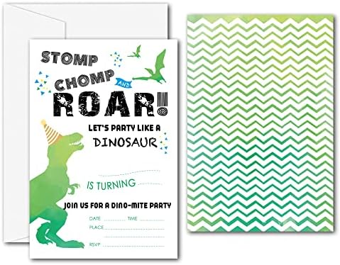 Акварелни покани на рожден ден с динозаври - Аксесоари за партита с Динозаври - Попълнете Празните покани на рождения си ден - 20 Покани картички с 20 конвертами (B12)