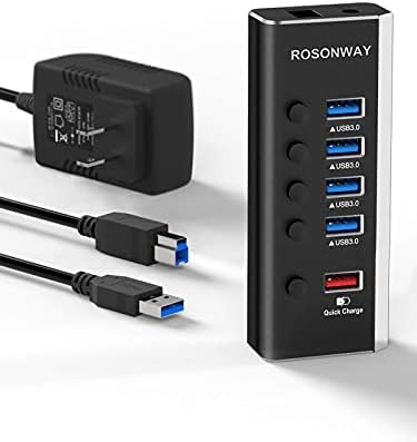 USB-хъб Rosonway Алуминиева 5-портов USB хъб-удължител с 4 порта за пренос на данни USB 3.0 и 1 порт за бързо зареждане, сплитер