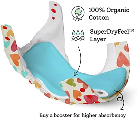 Superbottoms Нов Текстилен пелена Uno за бебета от 0 до 3 години, Моющийся и многократна употреба Подложка, 1 Пелена и 1 Гъба от органичен памук, 1 Опаковка от 1 детски сърца