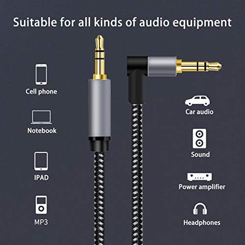 3.5 мм Aux-кабели, Aux кабел под ъгъл 90 ° [Hi-Fi Звук, найлон плитка] Стереокабели Мъж кмужчине, съвместими с iPhone, iPad, смартфон, домашни / автомобилни стереосистемами MP3 и друг