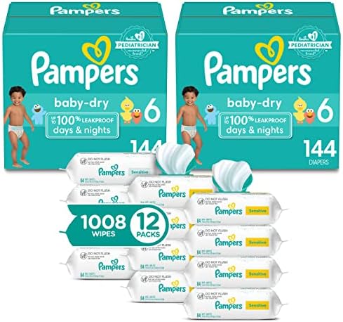 Детски сухи пелени за еднократна употреба Pampers Baby, размер 6, състав на 2 месеца (брой 2 x 144) с детски кърпички Sensitive на водна основа, 12 опаковки с панти капак и пълнител (?
