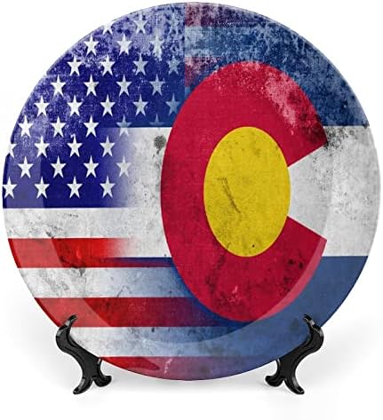 Флаг на САЩ и Колорадо Керамични Декоративни Чинии от Костен Порцелан със Стойка, Висящи Украшения, Трапезария Чинии