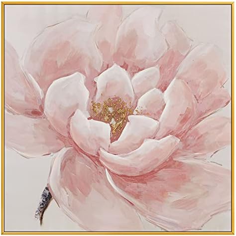 SHOUJIQQ Абстрактна Текстурирани живопис с маслени бои с Розово Цвете - Ръчно Рисувани, с Квадратно Съвременно Монтиране