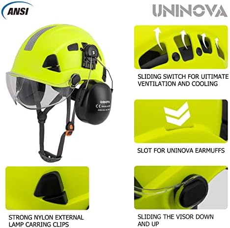 Вафен UNINOVA СЪС защитата на уши и Козирка ANSI Z89.1 от ABS-пластмаса, с вентилация, за лесовъди, за Катерене по дървета, Строителен Каска За защита на Ушите