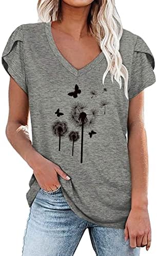 Тениска Дамска С Къс Ръкав 2023, Памук, с V-Образно Деколте, Графичен Принт под формата на Глухарче, Цвете