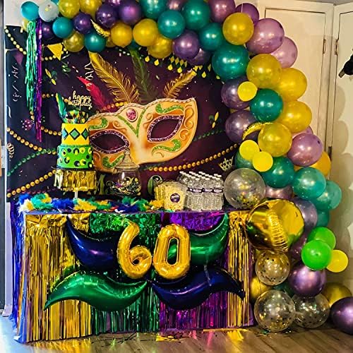 Комплект-Празнични Украси за Марди Грас, Виолетово-Зелени и Златни балони 50 бр., Пола на маса с Ресни за Mardi Gras