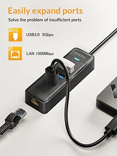 Адаптер USB 3.0 Ethernet, iDsonix 3-Портов хъб USB 3.0 адаптер RJ-45 10/100/1000 Gigabit Ethernet за лаптоп, поддържа