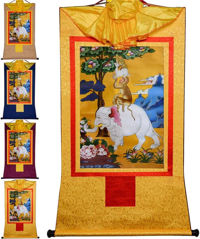 Гандханра Четири Хармонични Животни (Слон, Маймуна, Заек, Птица), Тибетски Живопис Тханка, Будистка Брокат Тханка, Гоблен на
