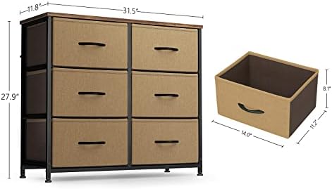 Скрин-органайзер FEZIBO, Скрин с чекмеджета-Скрин за спалня, антре, гардеробных, Кула за съхранение на мебели -Стоманена рамка, дървена маса, 6 чекмеджета-Организаторит