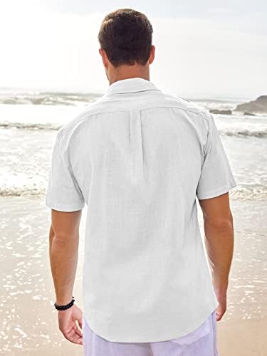 Мъжки Ленени Ризи Fommykin с Къс ръкав, Памучен Ежедневни Плажната Лятна Однотонная Риза с Яка, Копчета и Джоб