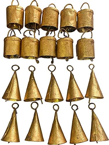 Опаковка от 10 (5 конусных + 5 кръг) Старинни индийски Оловни камбани под формата на селски Колокольчика с Метален Бойком,